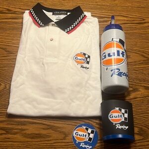 Gulf racing polo short sleeve shirt , water bottle, can cozy, sticker.